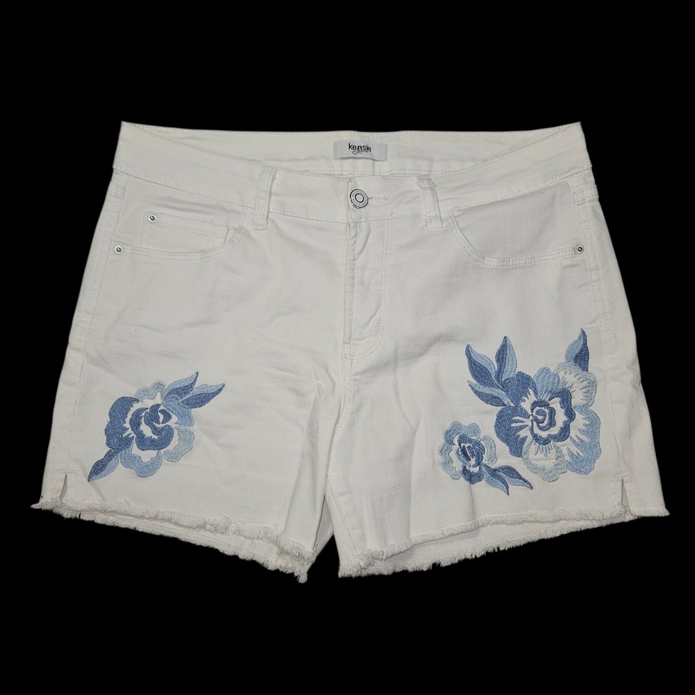 Kensie Jeans Floral Embroidered Denim Shorts White Blue Sz 8/29